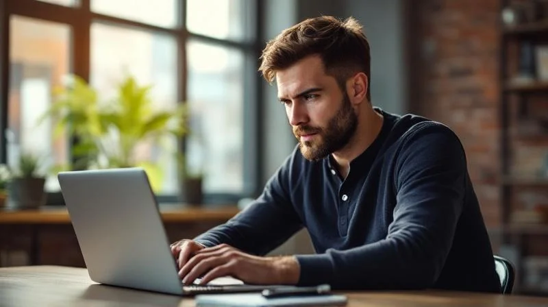 Mann in Mülheim vor einem Laptop bei einer beruflichen Online-Weiterbildung