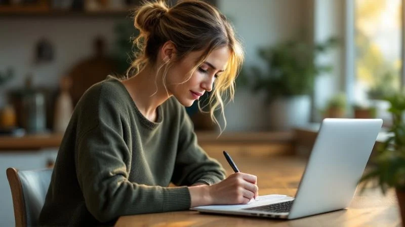 Frau lernt konzentriert am Laptop in einem hellen Wohnzimmer in Mülheim an der Ruhr