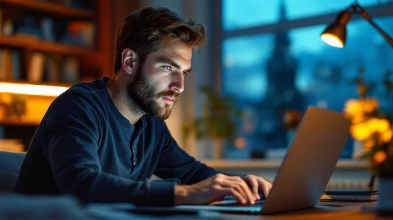 Mann arbeitet abends am Laptop an einer Weiterbildung in Mülheim an der Ruhr